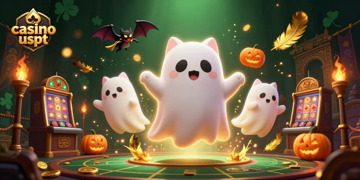 Gioca nel casino usdt con un gatto fantasma e un pipistrello, circondato da simboli luminosi.