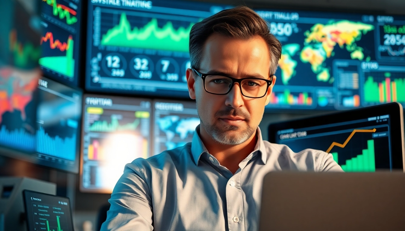 Analyze competitive intelligence data in a modern office setting with vibrant displays.