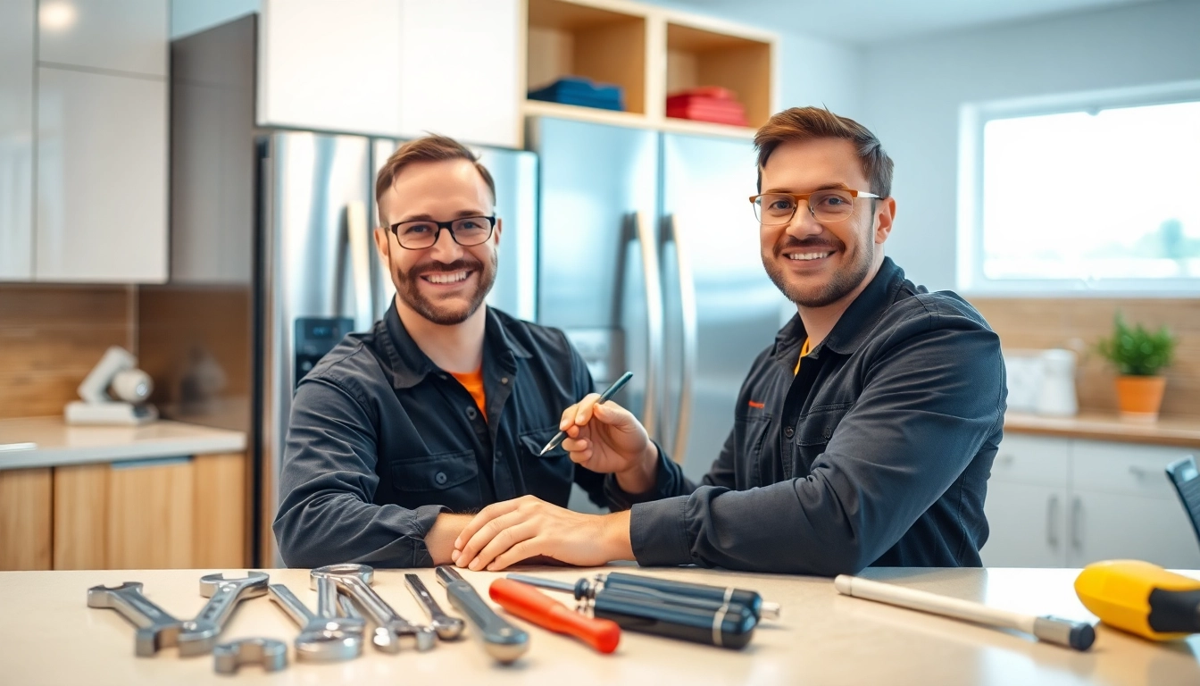 Appliance repair technician engaged in refrigerator repair in a modern kitchen setting.