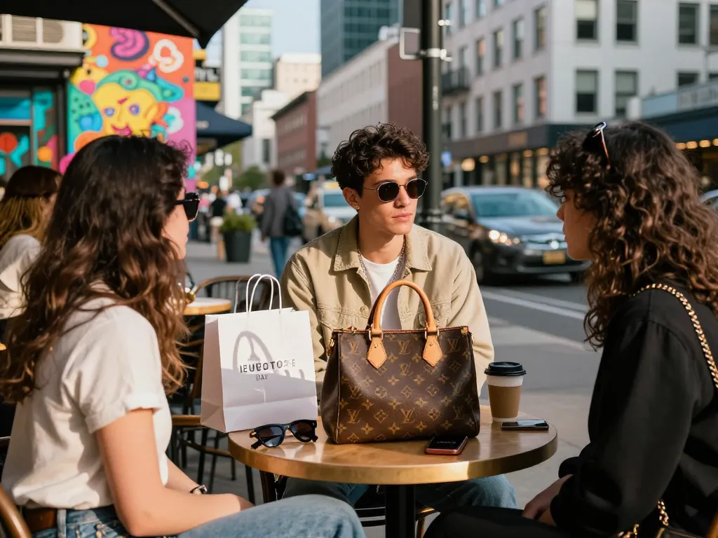 Stylish individual showcasing a 레플리카 handbag at a trendy cafe in a vibrant urban environment.