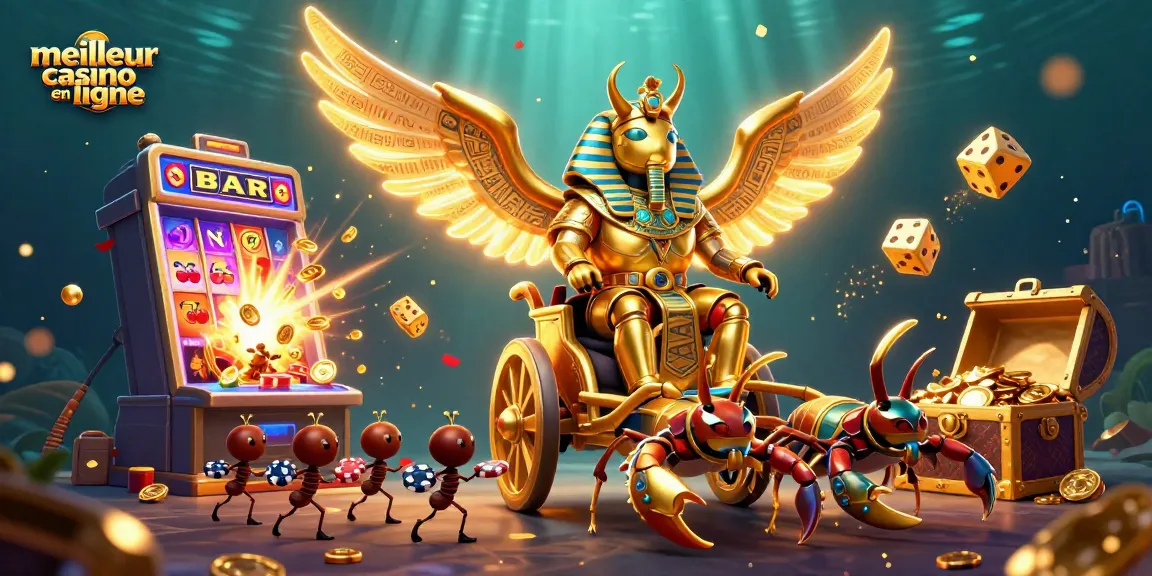Illustration vibrant d'un meilleur casino en ligne mettant en scène un scarabée géant d'or.
