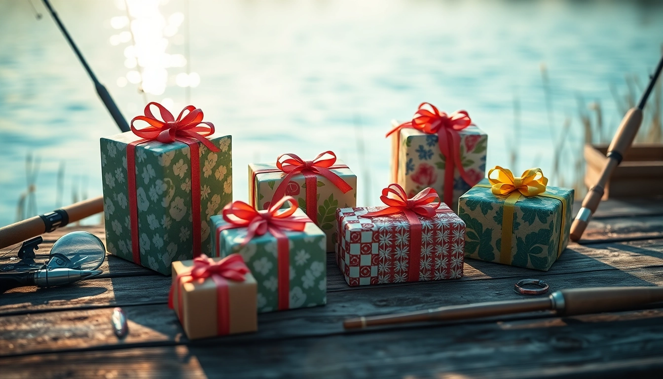 Discover unique fishing gifts wrapped elegantly for fishing enthusiasts on a rustic wooden table.