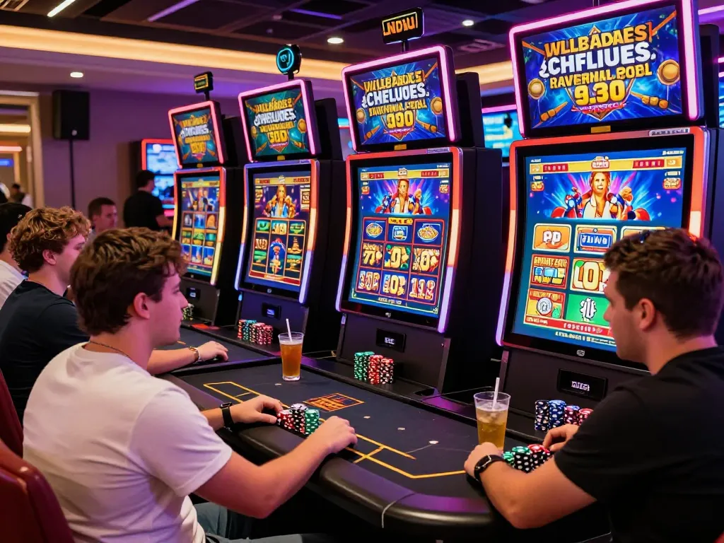 Pemain menikmati permainan slot gacor di lingkungan kasino online modern, menampilkan kegembiraan dan suasana bermain yang vibrant.