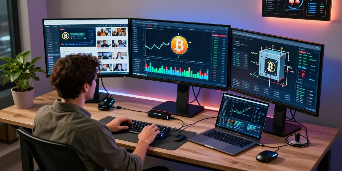 Dynamic Bitcoin mining platform workspace showcasing advanced tech gear, cryptocurrency statistics, and mining efficiency metrics for innovative digital finance solutions.