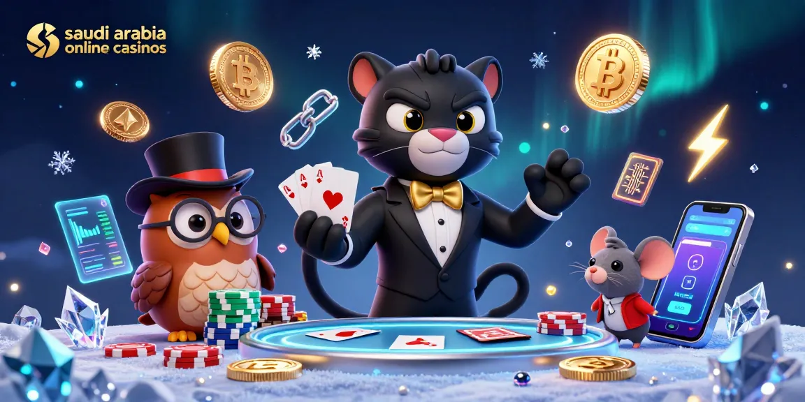 Engaging 3D scene showcasing saudi arabia online casinos with a panther dealing cards, a top-hatted owl, and a lucky mouse, themed around gambling.