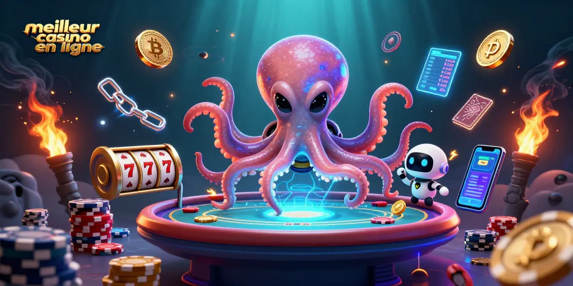 Plongez dans l'univers du meilleur casino en ligne avec une illustration animée d'un octopus extraterrestre et ses jetons orbitants.
