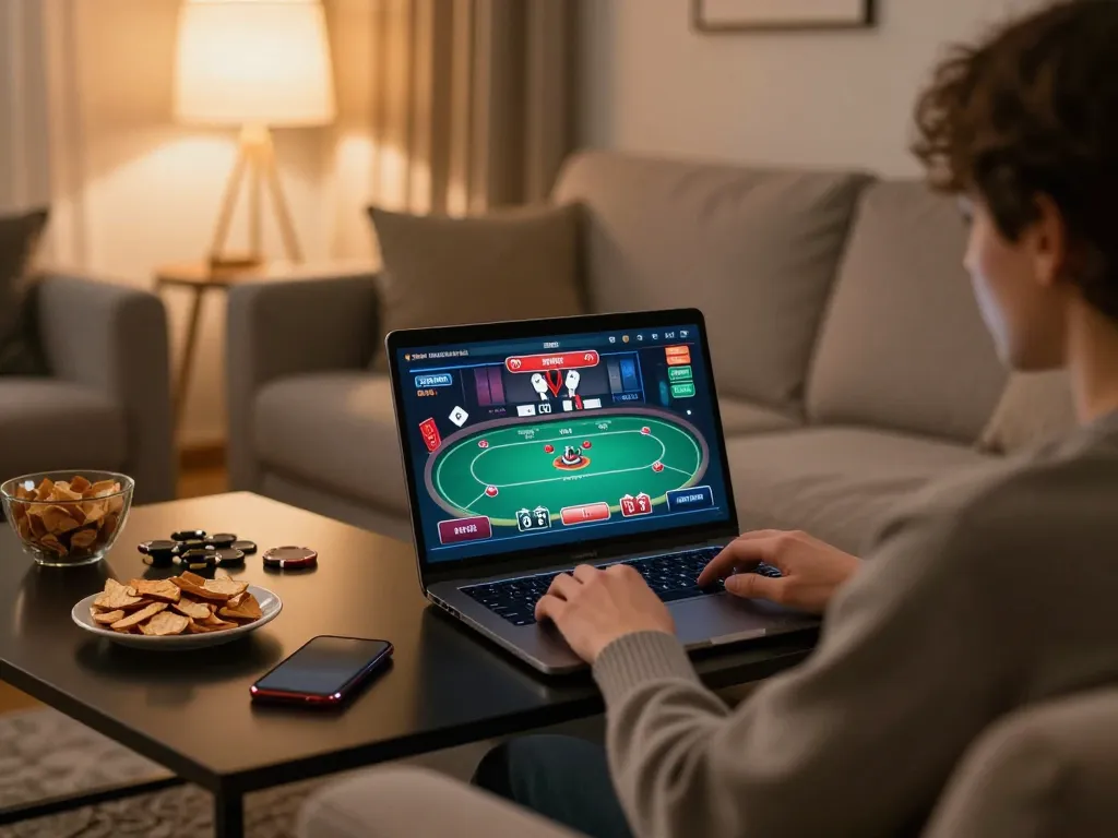 okwintv livestream poker game on laptop in a cozy home setting with snacks