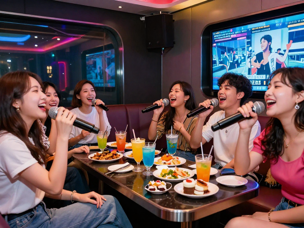 강남 디저트 가라오케에서 즐거운 친구들이 노래하며 다채로운 디저트를 먹는 모습
