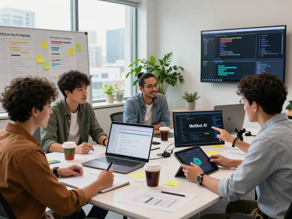 Team of developers collaborating on the molt bot AI project in a modern office with high-tech elements.
