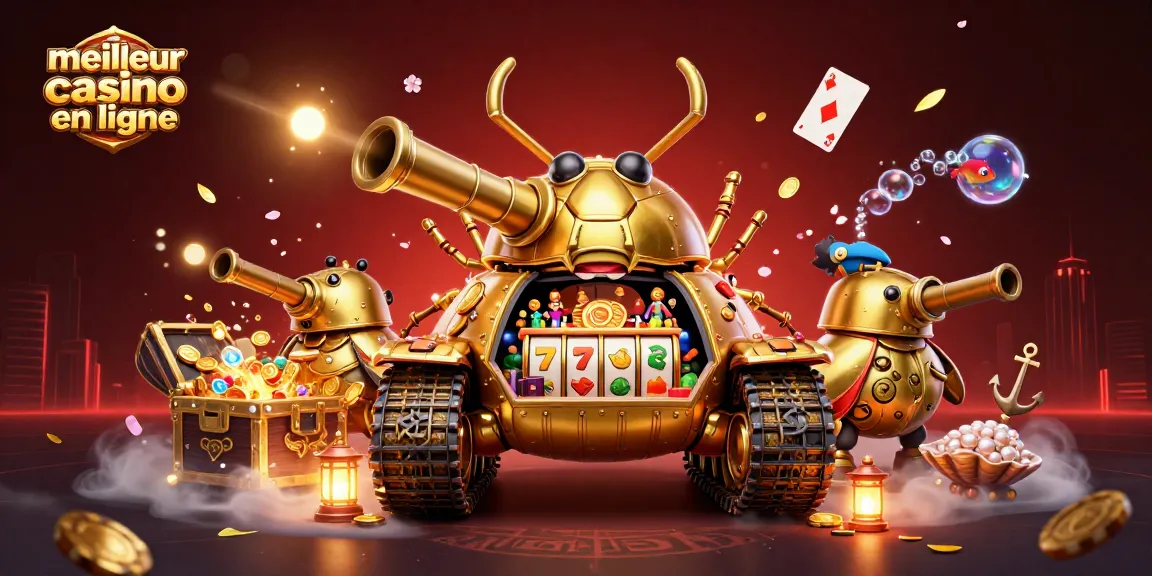 Gagnez avec le meilleur casino en ligne : illustration d'un tank à scarabée doré ouvrant un mini-casino rempli de trésors.