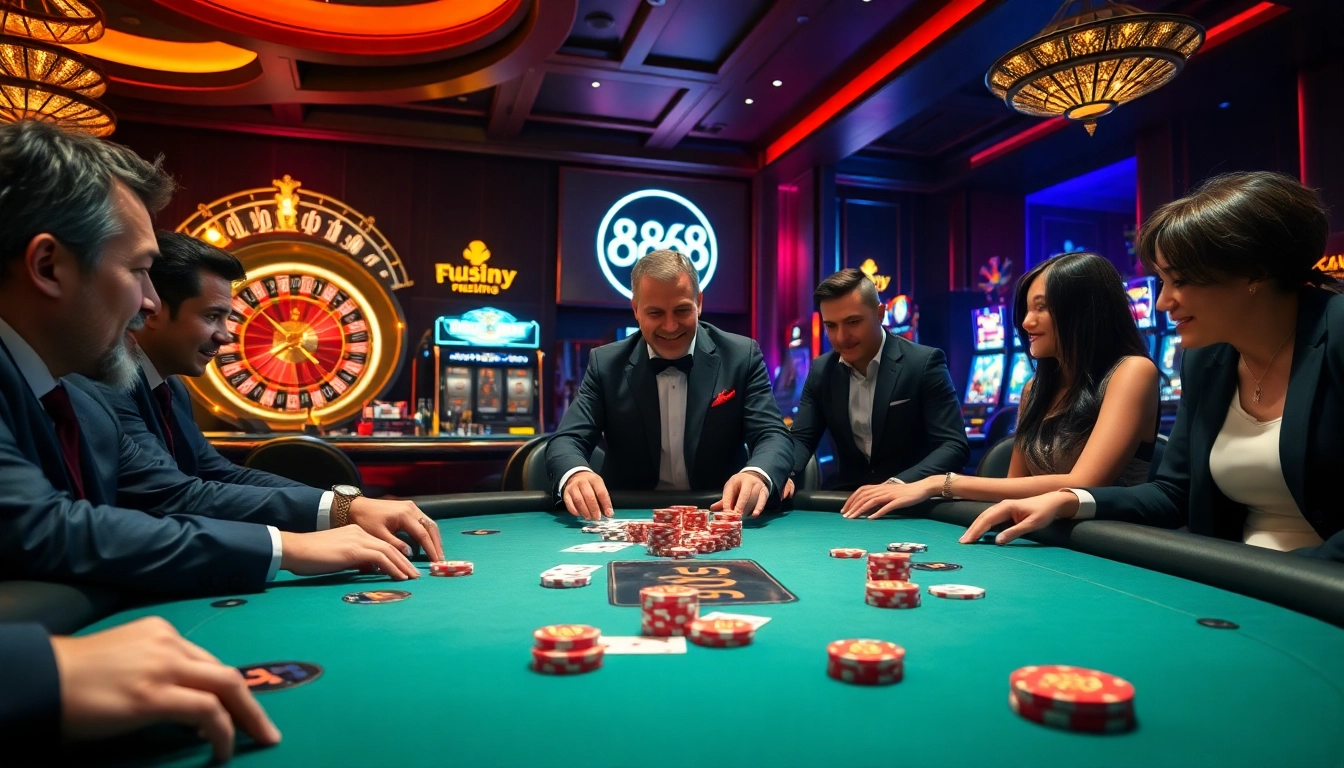 u888 poker game with vibrant casino elements, showcasing players and chips in a luxurious setting.