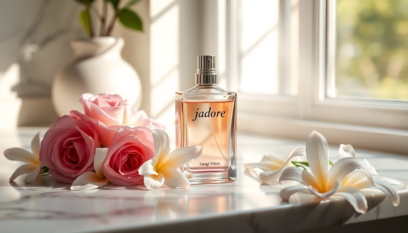 Showcase of Jadore perfume bottle surrounded by fresh flowers, emphasizing elegance and luxury.