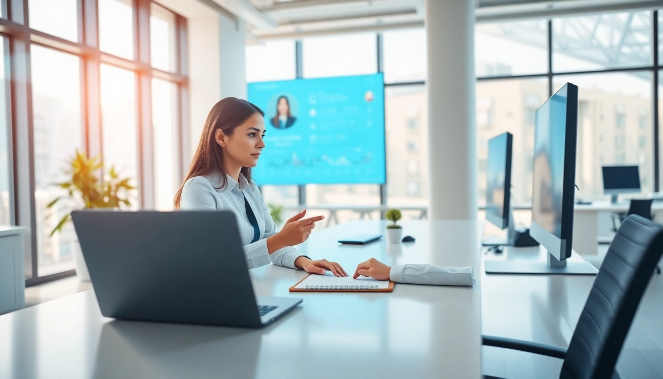 Engaging enterprise assistant utilizing advanced AI tools in a modern office setting.