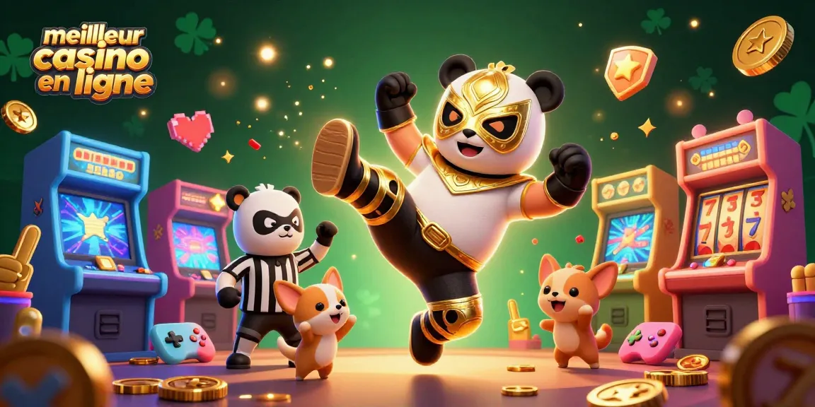 Scène dynamique illustrant le meilleur casino en ligne avec panda lutteur et machine à sous.