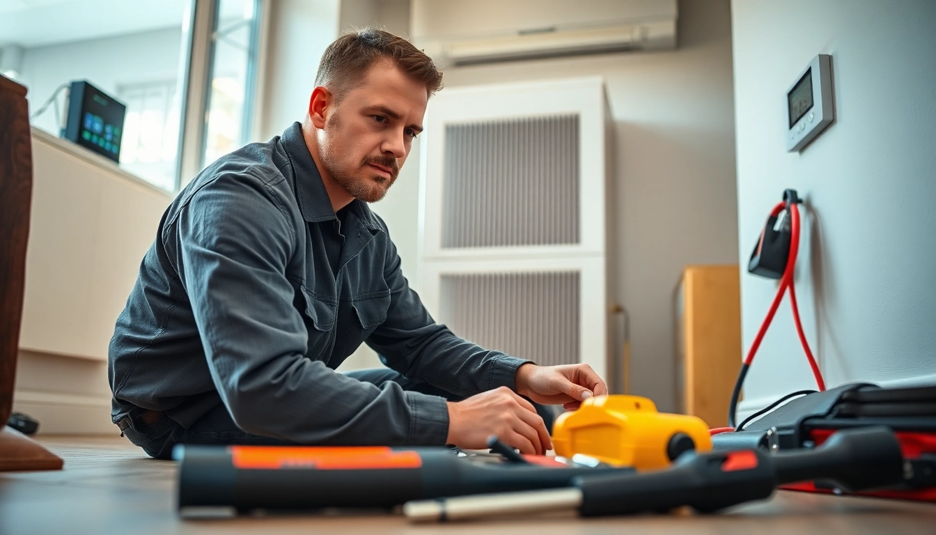 Technician performs heating repair north salem in a cozy modern home environment.