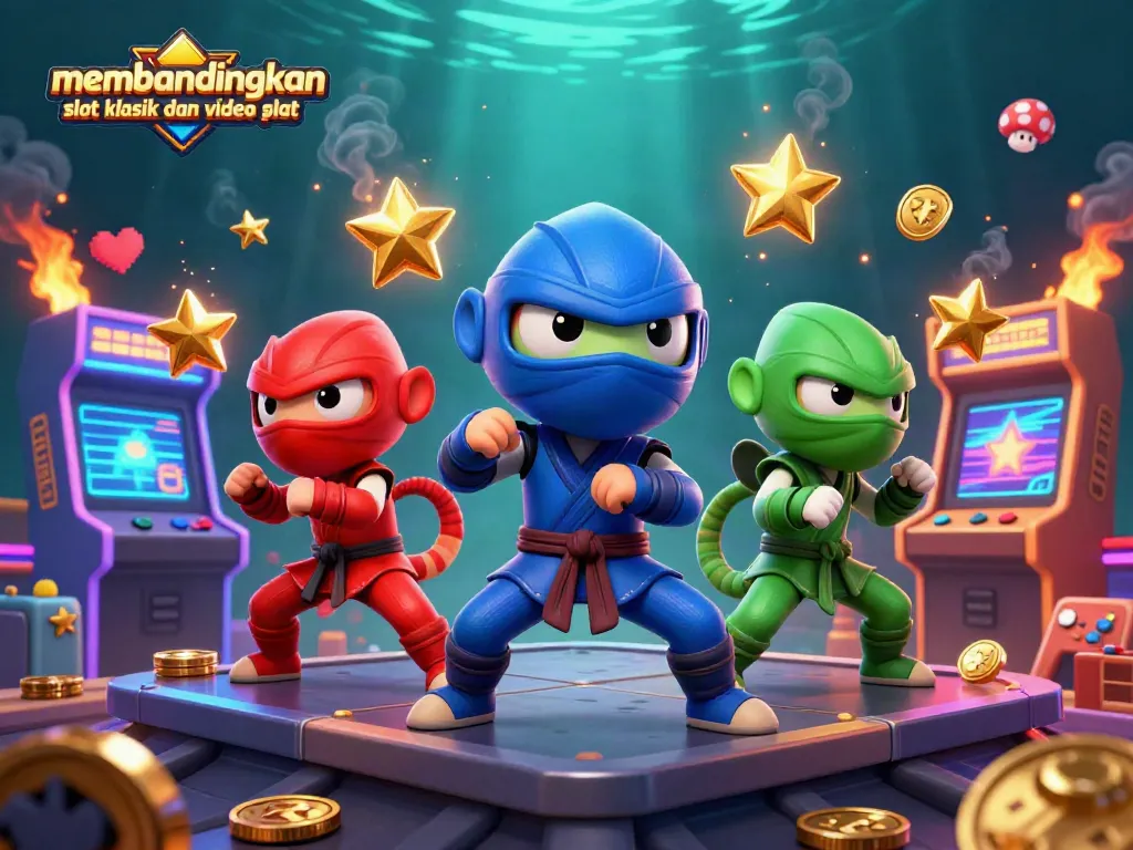 Membandingkan slot klasik dan video slot dengan trio ninja chameleon beraksi di tengah permainan yang berkilauan.