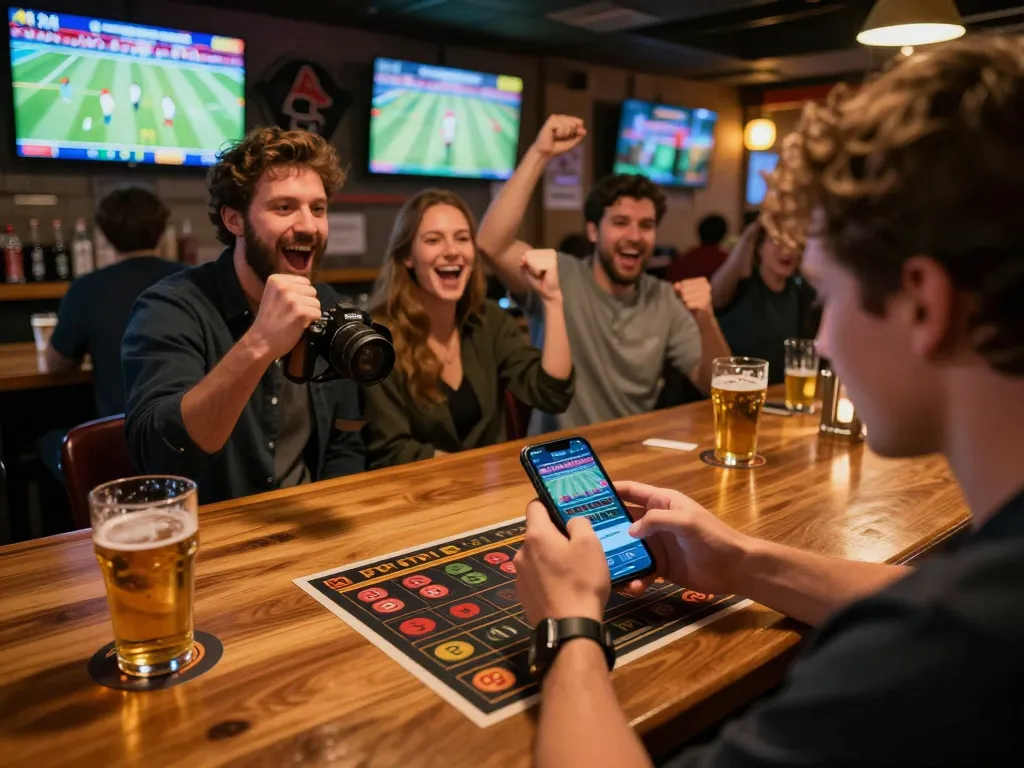 Person engaging in sports betting using smartphone at a lively bar atmosphere while celebrating with friends, showcasing the xoi lac gaming experience.