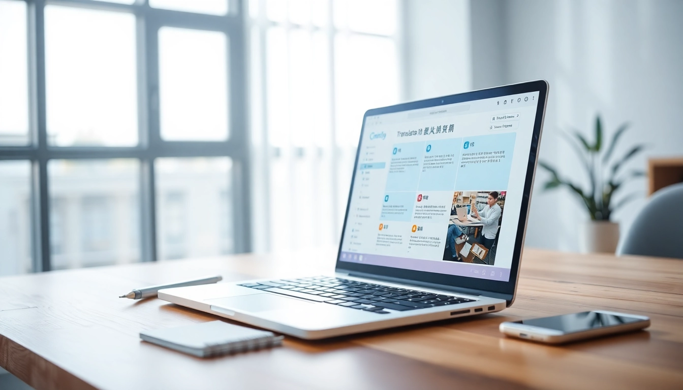 Modern digital translation interface featuring 有道翻译 on a sleek laptop in a bright workspace.