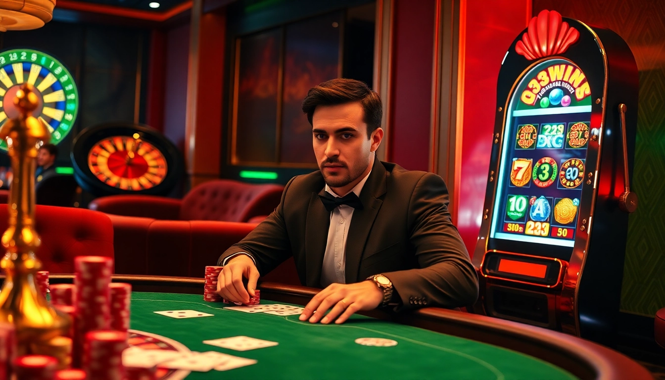 Thrilling scene of players engaging with game 33win at a stunning casino table with vibrant poker chips.