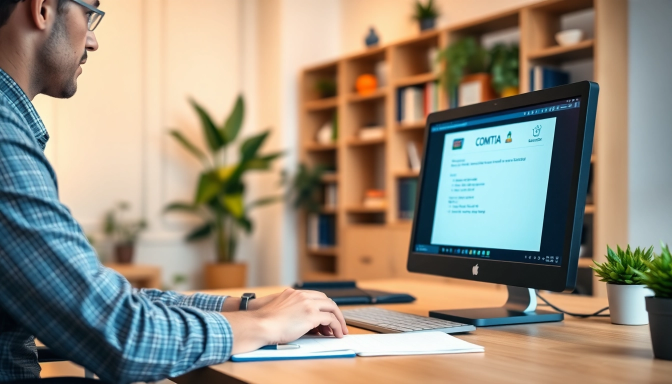 pay someone to do my comptia exam with focused student in a modern home office.