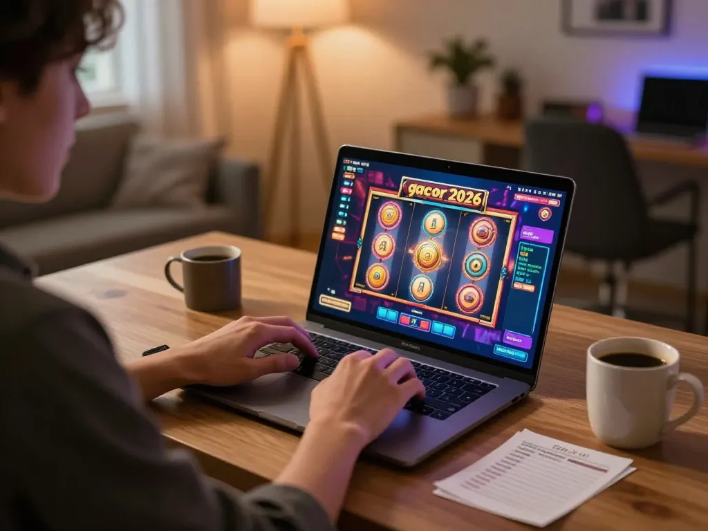 Playing slot gacor 2026 on a laptop in a cozy home office setting, showing engagement and strategy.
