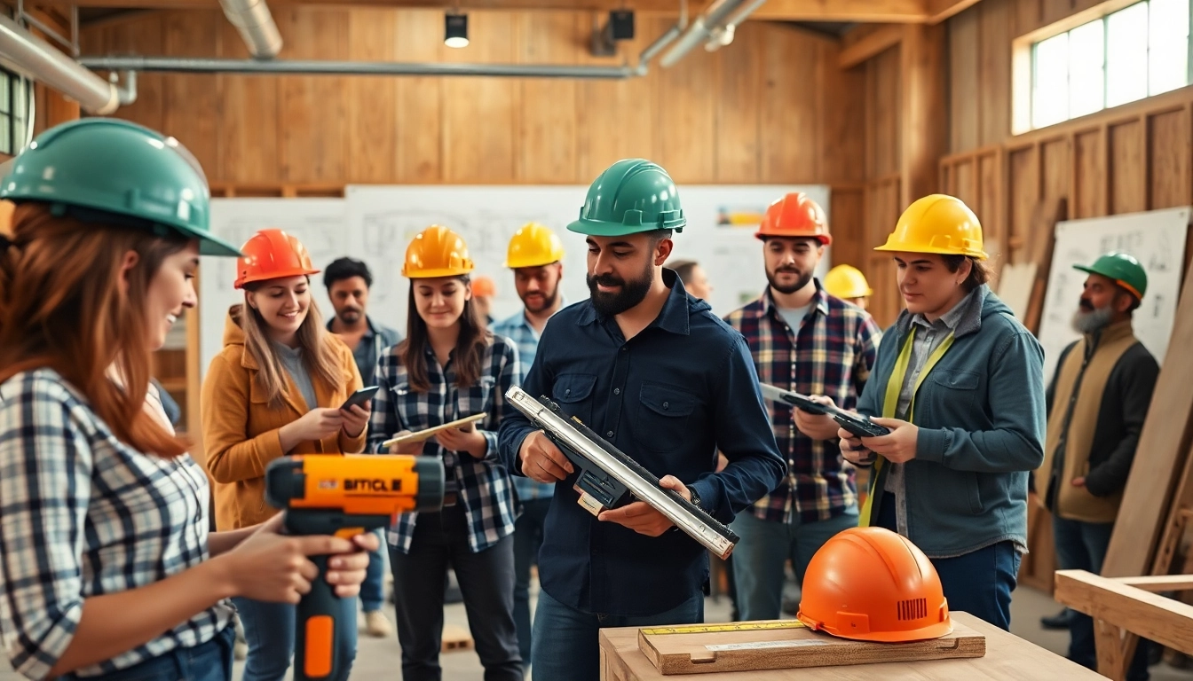 Engaged students participating in construction classes using tools and materials.