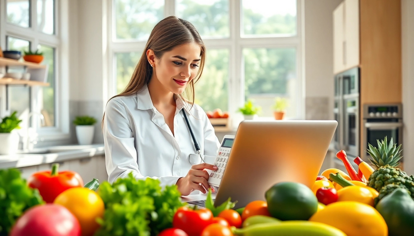 Calculate daily caloric needs with a digital calorie calculator surrounded by fresh, healthy foods.
