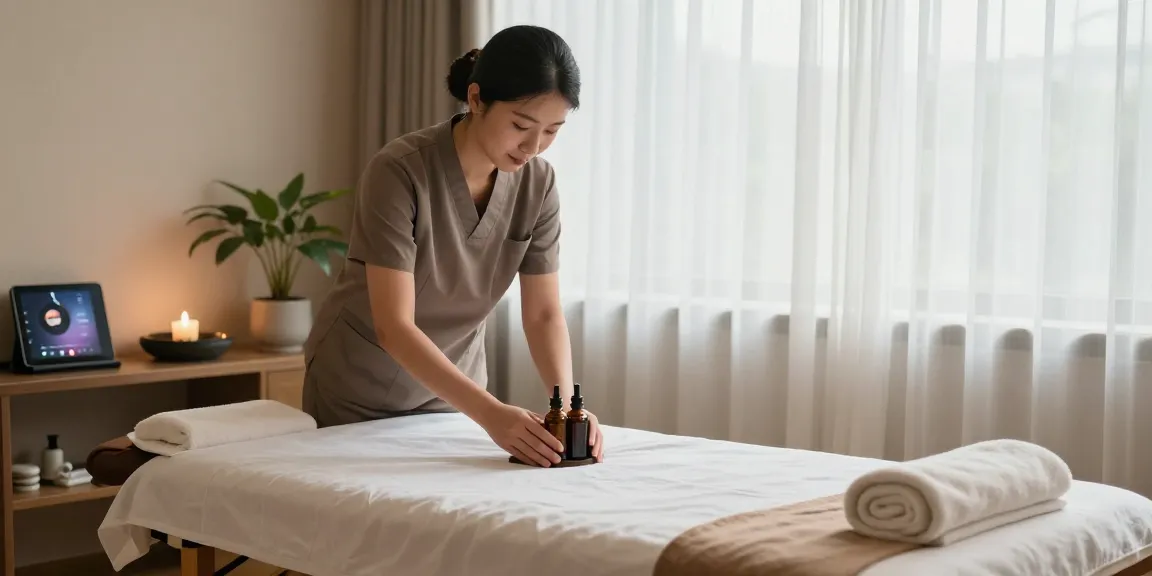 둔산동마사지의 편안한 분위기와 아로마 오일 준비하는 모습