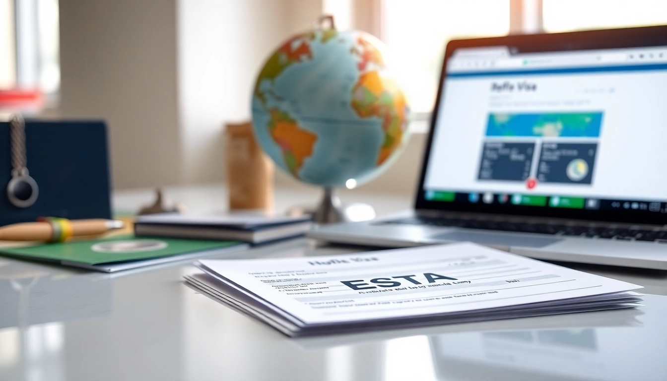 Apply for an ESTA application with a professional form on a desk surrounded by travel elements.