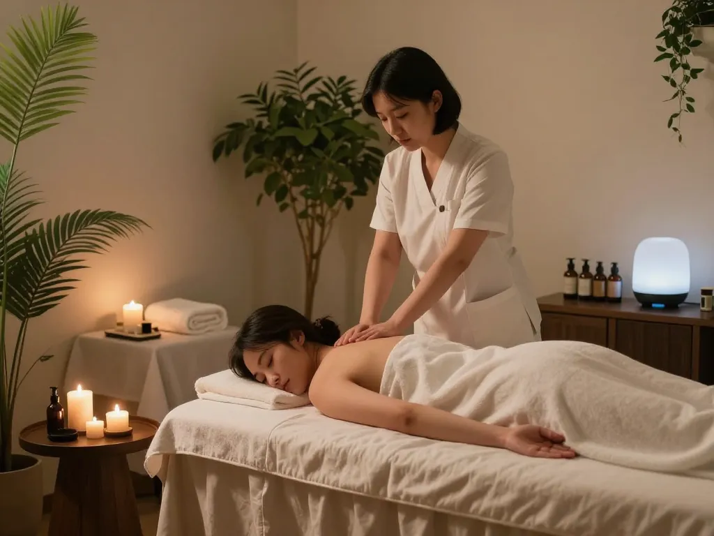 신사동마사지 treatment in a serene spa environment with calming decor and soothing lighting.