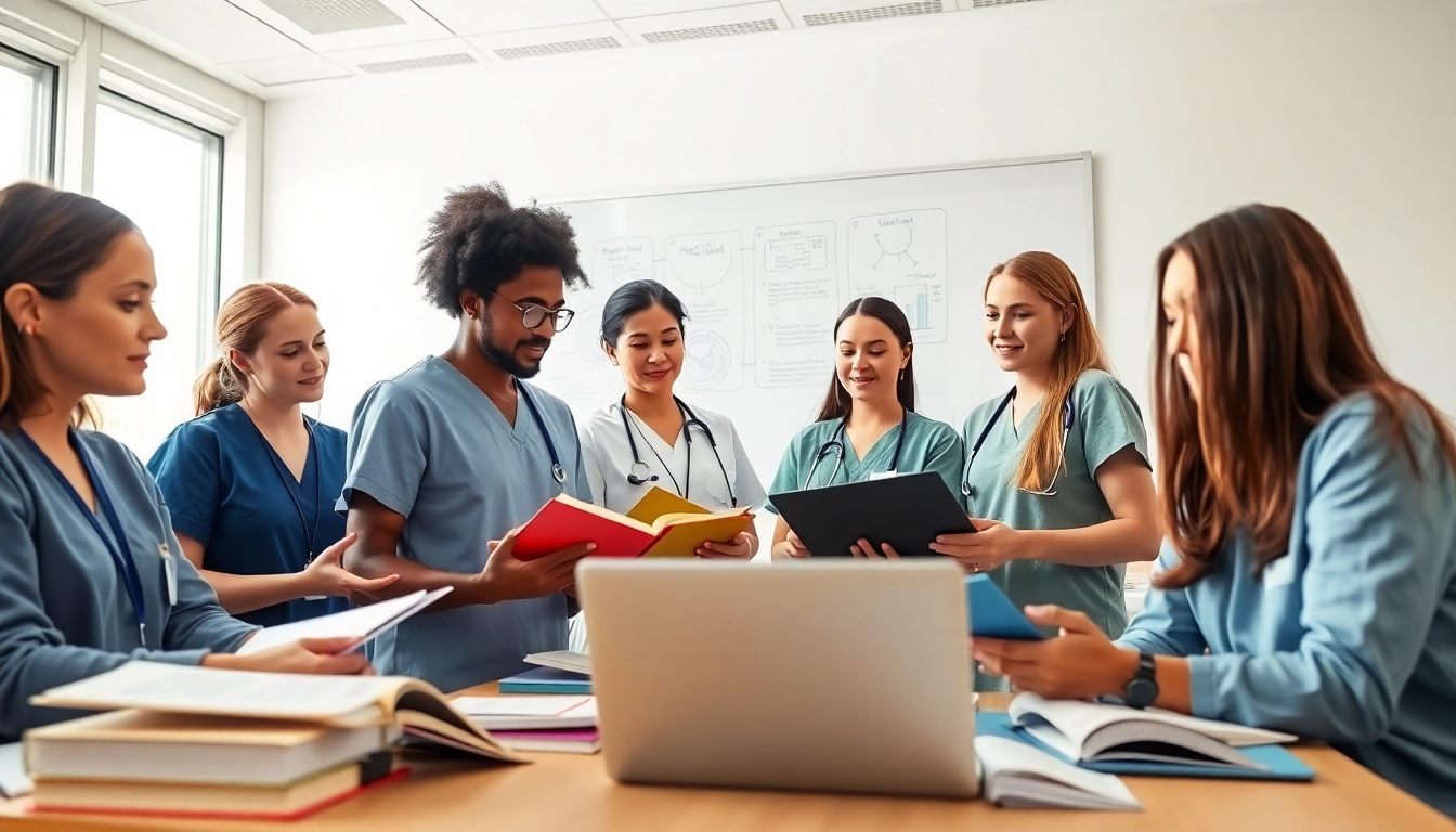 Nursing assignment help session with nursing students collaborating in a bright classroom.