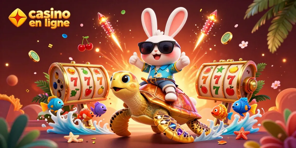Jouez au casino en ligne avec un adorable lapin et une tortue dorée, entourés d'éléments de jeux.