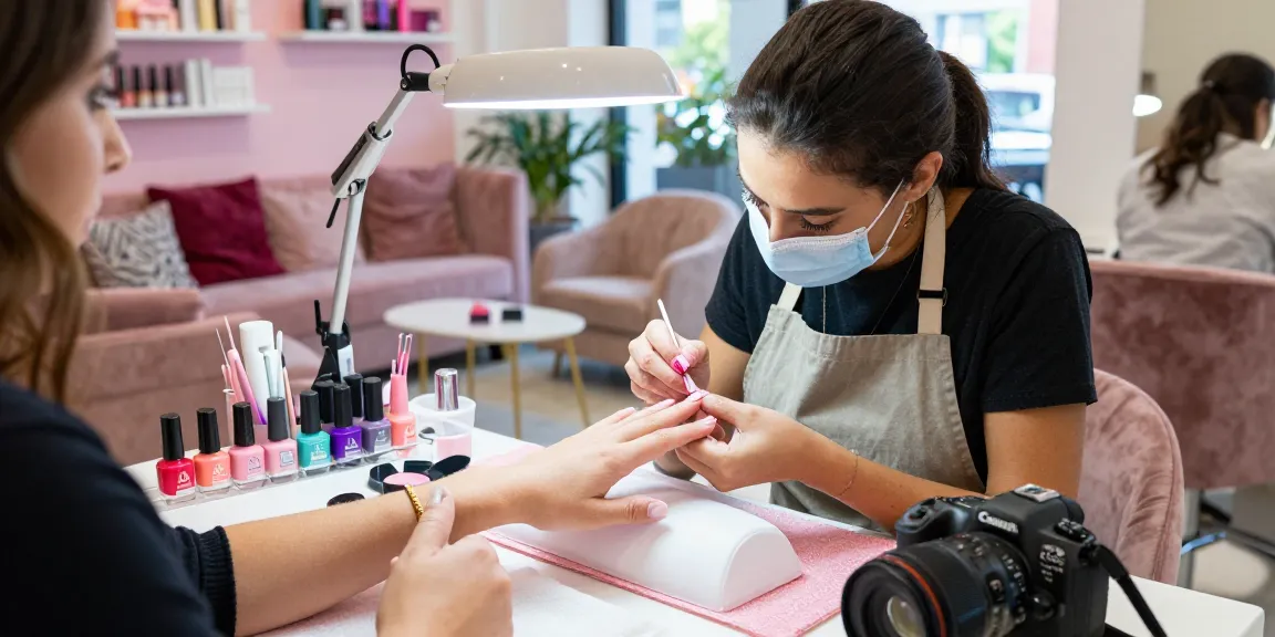 Tehnician de unghii expert aplicând oja semipermanentă în timpul unei sesiuni vibrante de manichiură la salon, prezentând lacuri de unghii colorate și unelte.