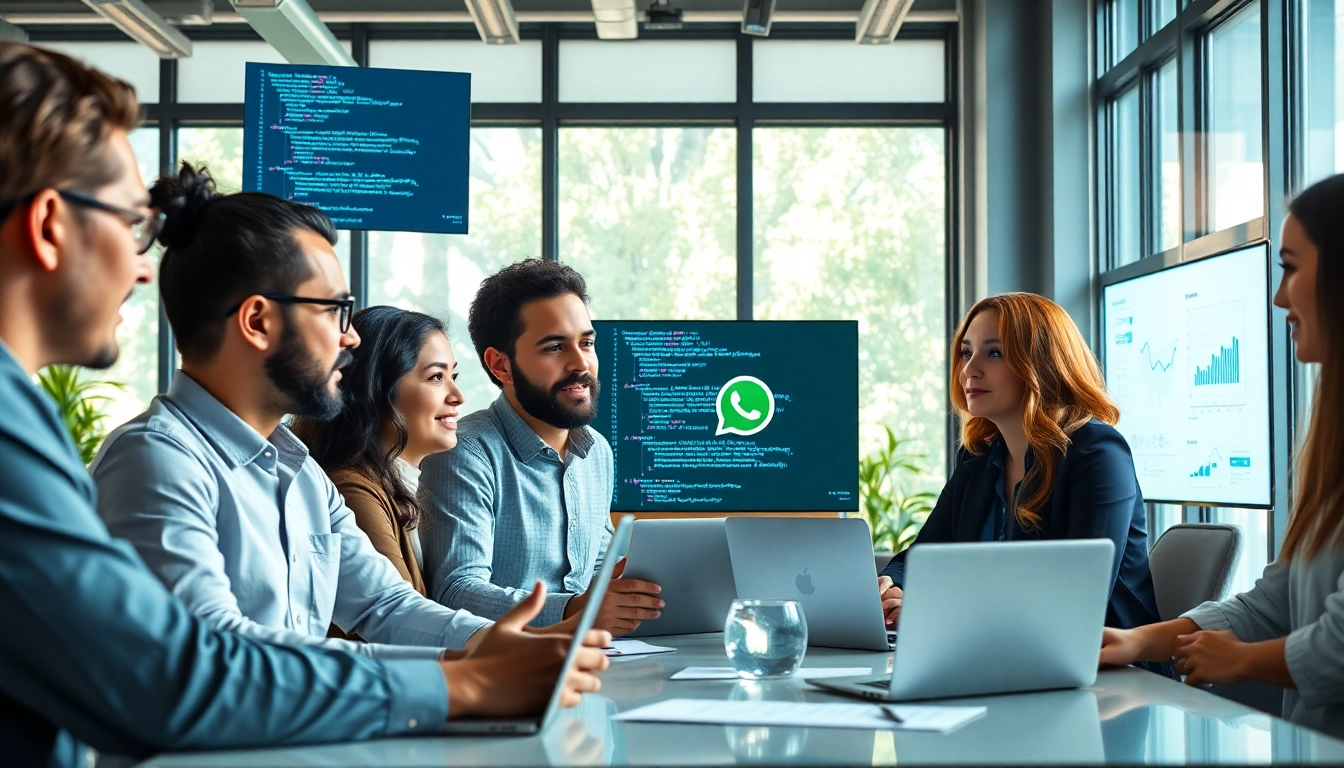 Business team collaborating on WhatsApp API integration in a modern office setting.