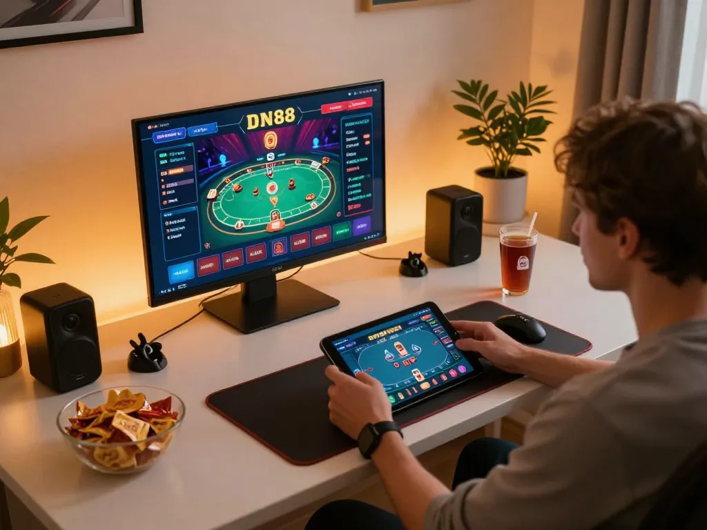 Engaging with DN88 gaming interface on tablet at cozy home setup.