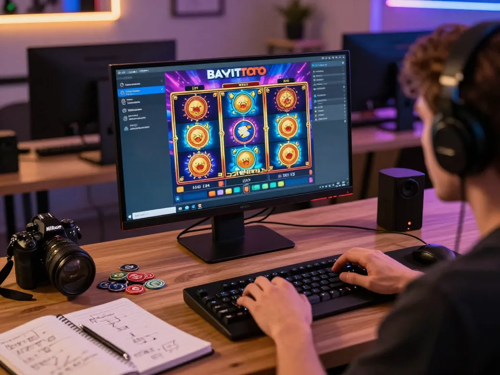 Engaged player enjoying BAYITOTO slot online experience in a vibrant gaming room.