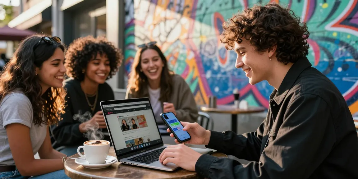 Engaging influencer at café showing how to acheter des likes pour commentaire Instagram.