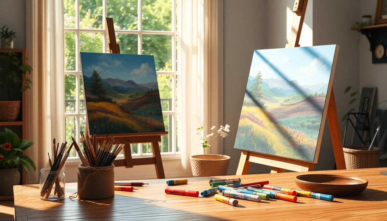 Engaging painting creation scene in a home studio with vibrant colors and natural light