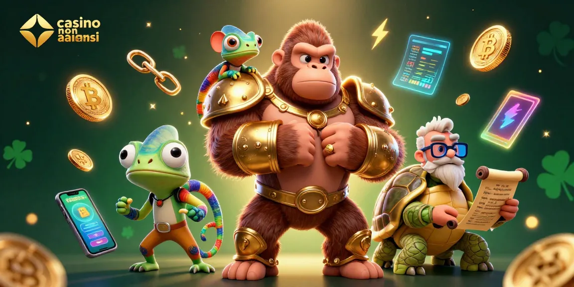 Illustrazione 3D di un gorilla re in armatura d'oro e un camaleonte spia in un casinò non AAMS sicuri.