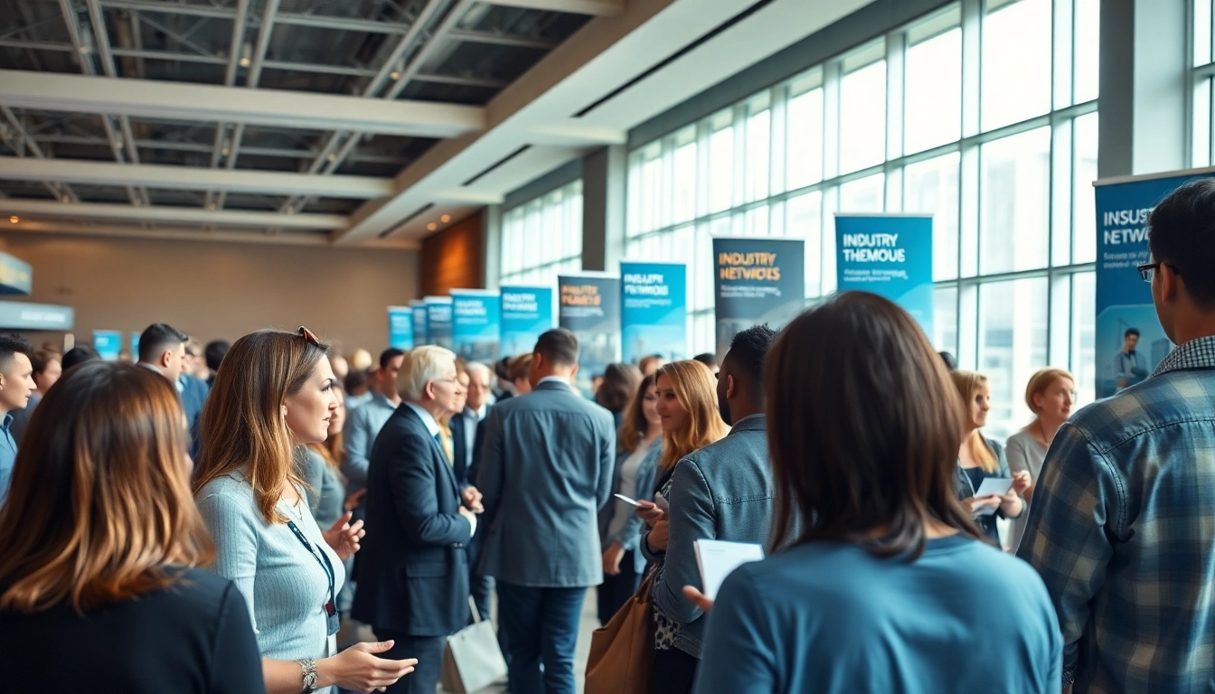Engaging participants at construction networking events exchanging ideas and business cards in a modern conference hall.