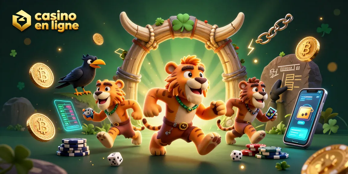 Plongez dans l'univers du casino en ligne avec cette illustration animée du caverneux, des jetons en pierre et un tigre à dents de sabre.