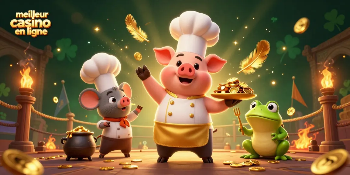 Vivez une expérience immersive avec le meilleur casino en ligne, mettant en avant un chef cochon et des pièces d'or.