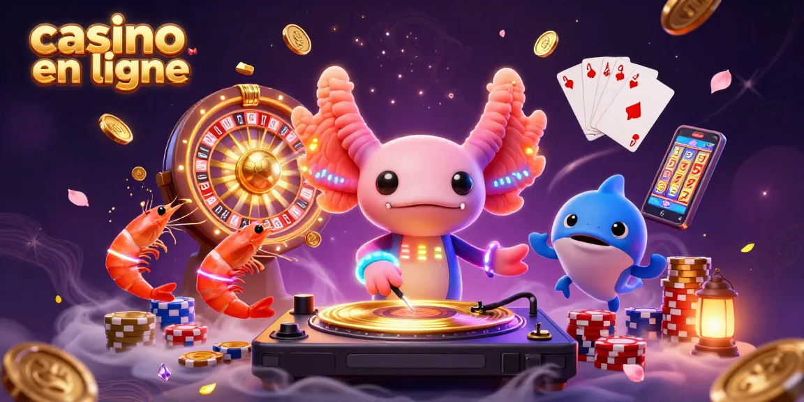 Jouez au casino en ligne avec style et dynamisme, illustrant un DJ axolotl et des éléments de jeux scintillants.