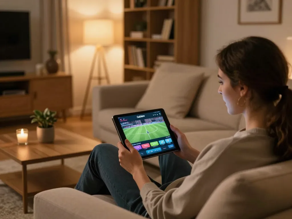 Cakhiatv user enjoying a live sports stream on a tablet in a cozy home setting