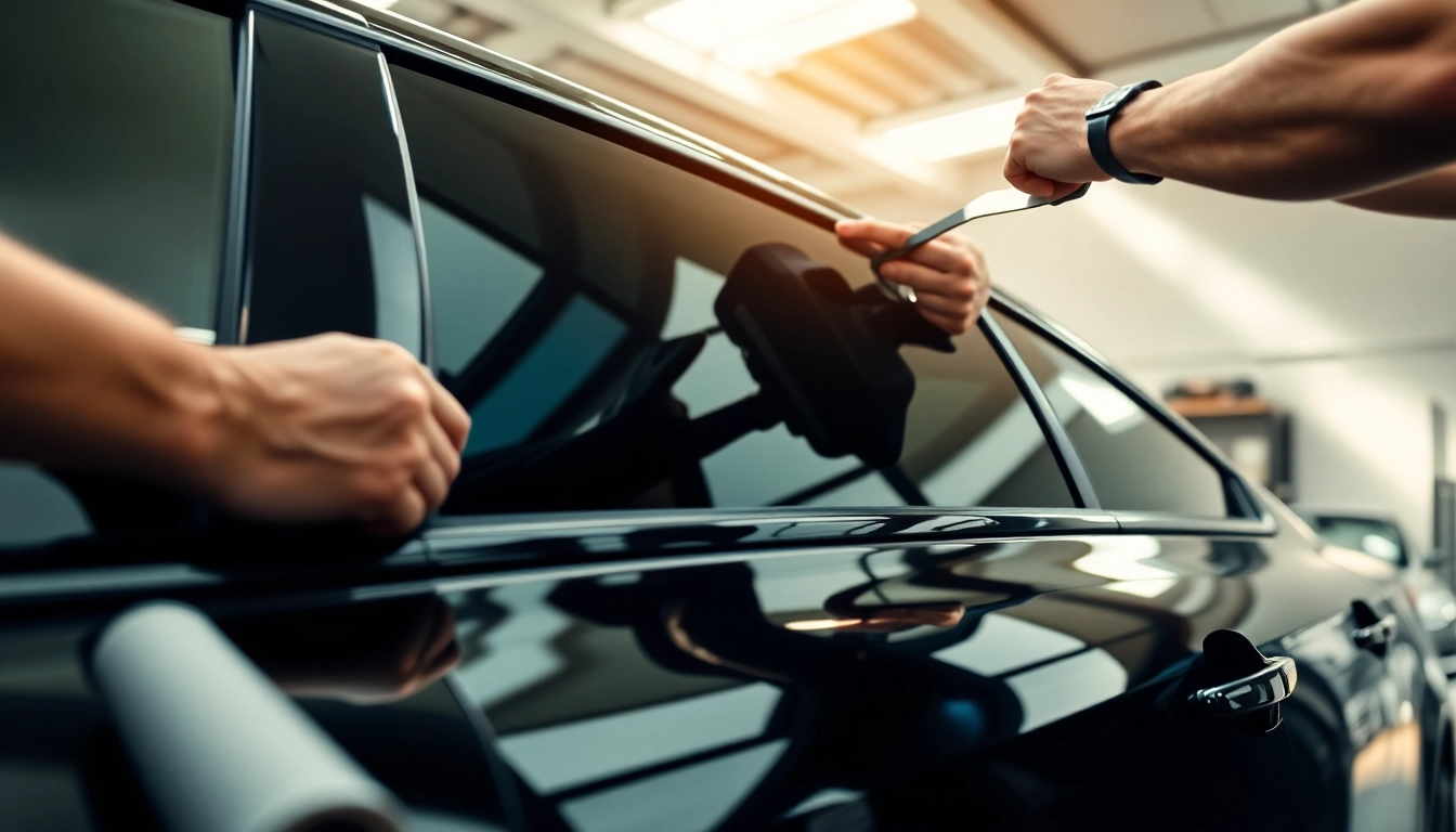 Apply auto window tint near me with expert hands on a stylish vehicle in a modern garage.