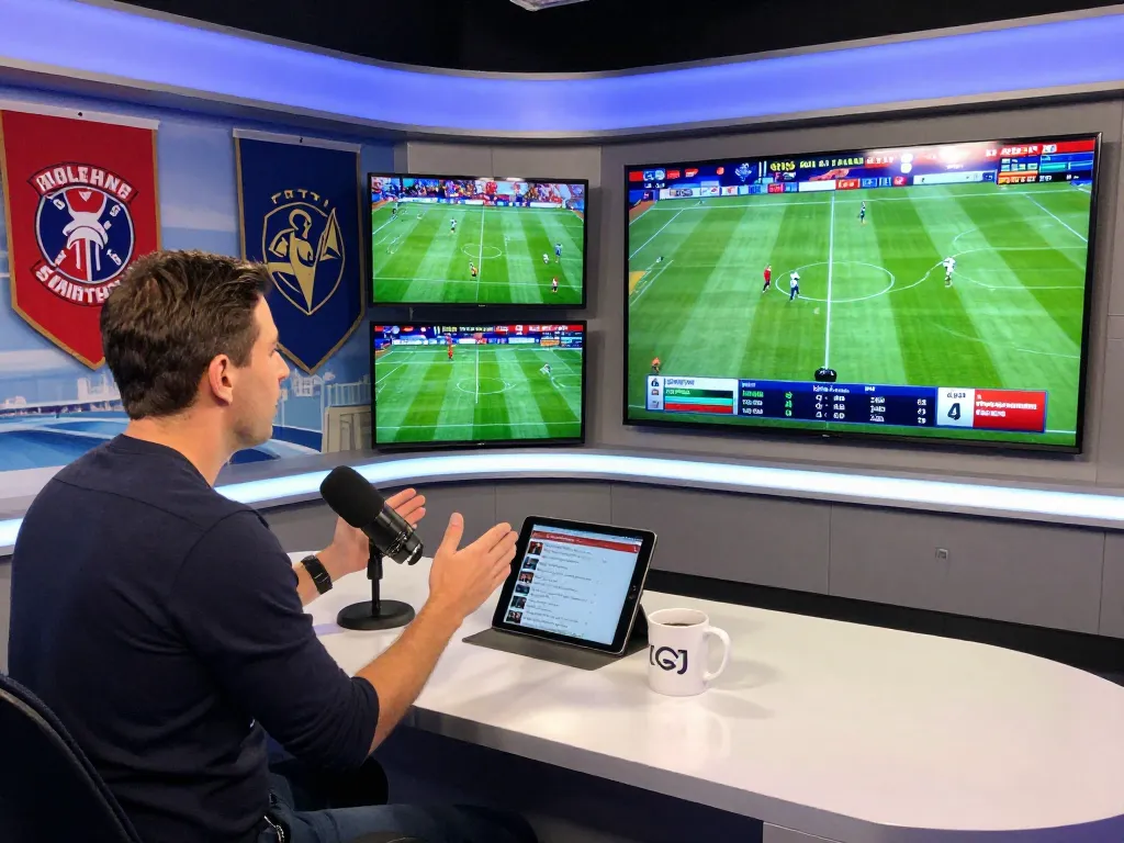 Sports analyst discussing Cakhiatv live football streaming with multiple screens showcasing match data.