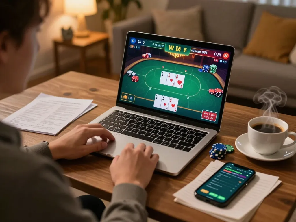Engaging in an online poker game at home with 92slot on display, highlighting strategic gameplay.
