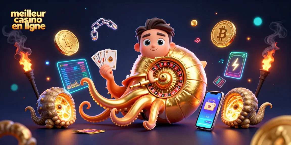 Action au meilleur casino en ligne avec une illustration d'un nautile géant, des cartes et des pièces de crypto-monnaie.