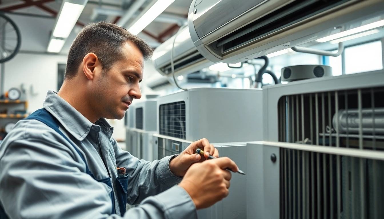 HVAC Repair Tampa technician skillfully fixing an air conditioning unit in a bright workshop.
