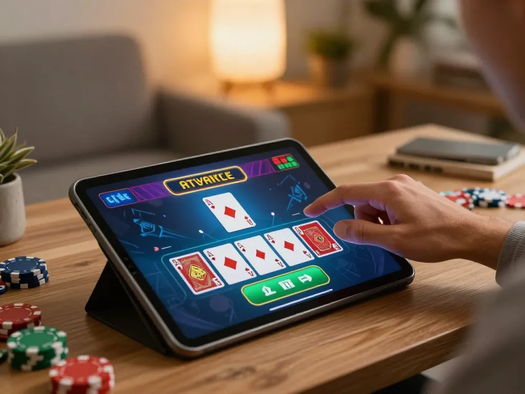 Engaging online blackjack gameplay scene featuring 98win, showcasing a player deciding on bets in a stylish home setup.